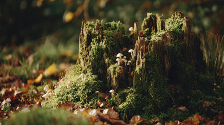 A captivating scene of a weathered tree stump rich with vibrant green moss, small mushrooms, and surrounded by colorful autumn leaves in a tranquil forest.の素材