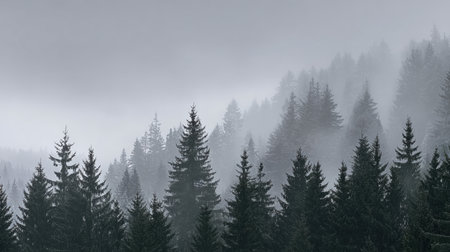A hauntingly beautiful misty forest scene with evergreen trees fading into the fog. The gray sky adds a sense of mystery and tranquility to this serene landscape.の素材