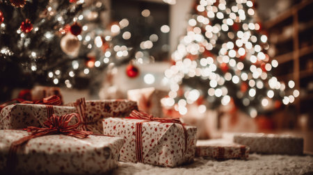 A warm and inviting Christmas scene featuring beautifully wrapped gifts under a glowing Christmas tree, with delightful lights creating a festive atmosphere.の素材
