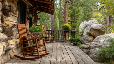 A charming view of rocking chairs on a rustic porch, set against a backdrop of tall trees and smooth stones, inviting relaxation and enjoyment of nature.の素材