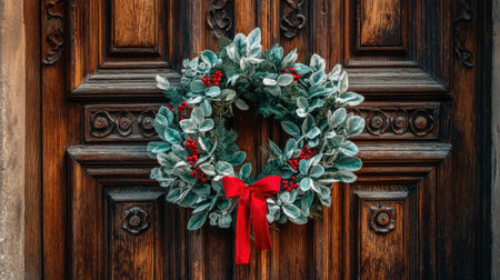 This image captures a beautifully crafted holiday wreath adorned with a red ribbon and berries, hanging on a rustic wooden door, perfect for enhancing seasonal decor.の素材