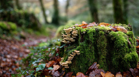 Explore a tranquil forest scene featuring a wooden stump adorned with mushrooms and lush moss, surrounded by colorful fallen leaves in the serene autumn environment.の素材