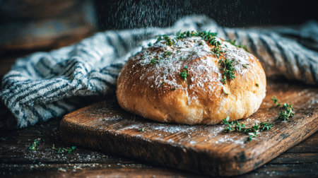 A rustic loaf of freshly baked bread, dusted with flour and garnished with herbs, sits on a wooden cutting board beside a checkered cloth. Perfect for culinary enthusiasts.の素材