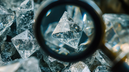 A close-up image showcasing clear crystal shapes magnified through a glass lens, revealing intricate details and generating a captivating display of natural beauty.の素材