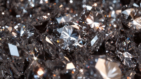 A stunning close-up of sparkling diamonds scattered across a dark background, showcasing their brilliance and clarity. Perfect for themes of luxury and elegance.の素材