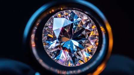 Magnificent close-up of a brilliant cut diamond viewed through a magnifying lens, showcasing intricate facets, colors, and stunning light reflections in a dark setting.の素材