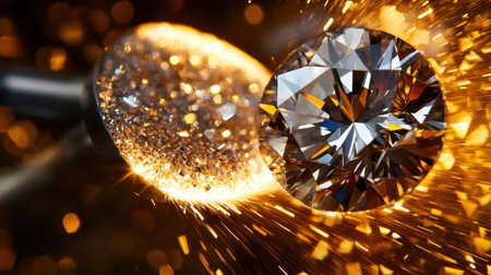 A stunning close-up of a brilliant diamond surrounded by sparkling lights, creating a captivating atmosphere of elegance and luxury in this macro photography masterpiece.の素材