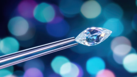A stunning close-up image showcasing a brilliant cut diamond held delicately by tweezers, featuring a vibrant bokeh background that adds depth and elegance to the gem's shine.の素材