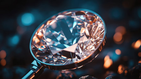 A stunning close-up image featuring a magnifying glass highlighting a brilliant diamond, showcasing intricate reflections and textures, perfect for luxury themes.の素材