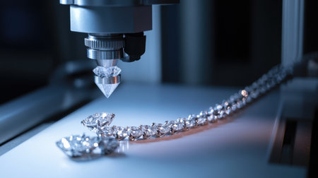 This image showcases cutting-edge laser technology in jewelry manufacturing, highlighting the intricate details and brilliance of a stunning necklace on display.の素材