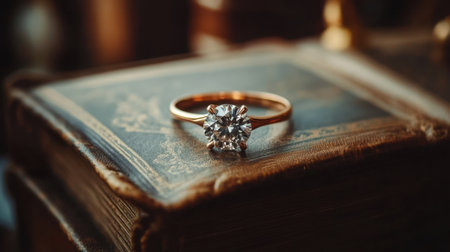 A classic solitaire diamond ring with a gold band lies elegantly on a vintage book, capturing the essence of luxury and romance in a beautifully styled setting.の素材