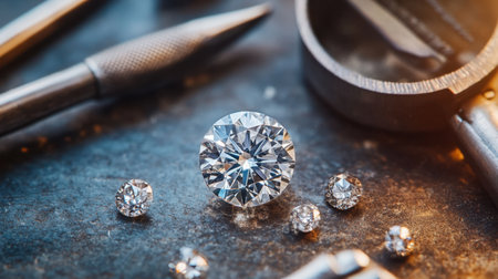 A stunning close-up of a brilliant cut diamond, surrounded by smaller gems and jewelry tools, captures the artistry of skilled craftsmanship in a vibrant workshop setting.の素材