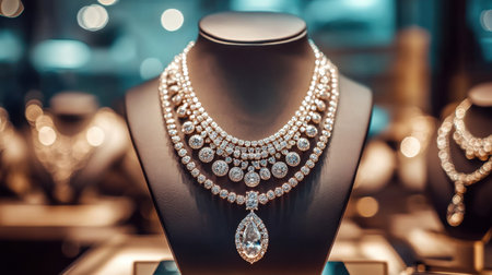 A stunning diamond necklace displayed on a chic stand, radiating elegance and luxury. This captivating piece is perfect for upscale fashion and jewelry enthusiasts.の素材