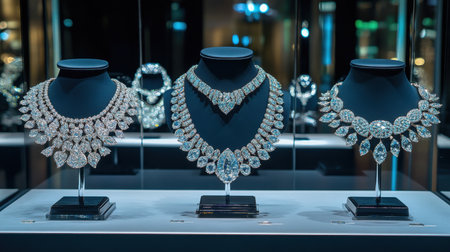 This captivating image showcases three exquisite diamond necklaces displayed prominently in a jewelry store. The elegant design highlights luxury and artistry.の素材