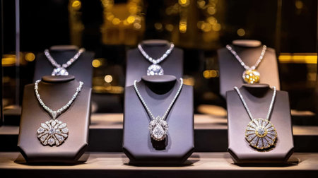 This captivating image showcases a stunning array of luxurious necklaces and pendants displayed elegantly in a boutique, highlighting the intricate craftsmanship and sparkling gems.の素材