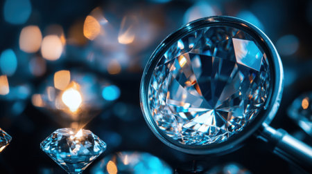 This stunning image captures the brilliance of diamonds through a magnifying glass, showcasing intricate details and sparkling reflections with a soft blue light background.の素材
