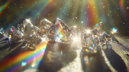 A stunning arrangement of sparkling diamonds glimmering on a surface, enhanced by colorful light reflections, creating a mesmerizing and luxurious atmosphere.の素材