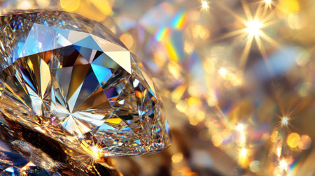 This stunning close-up of a diamond showcases its intricate facets and captivating reflections, set against a shimmering golden background, ideal for luxury themes.の素材