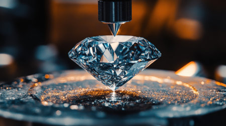 A stunning close-up of a crystal-clear diamond being expertly crafted on a precision tool in a well-lit workshop, capturing the essence of luxury and craftsmanship.の素材