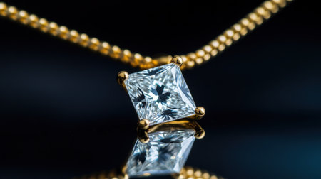A breathtaking princess-cut diamond pendant elegantly set on a gold necklace, showcasing brilliance and luxury. The reflective surface enhances its beauty against a dark backdrop.の素材