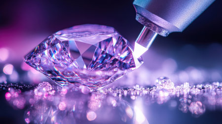 This high-definition image showcases a diamond being expertly cut by a precision tool, surrounded by stunning reflections and an array of colorful backgrounds, highlighting craftsmanship.の素材