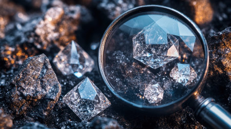 Close-up photography showcases stunning diamonds under a magnifying glass, revealing intricate facets and brilliance against a dark backdrop. Ideal for gemstone enthusiasts.の素材
