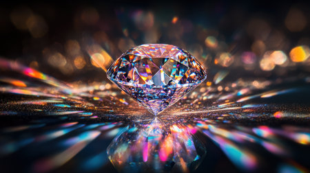 Captivating close-up of a brilliant cut diamond that radiates vibrant colors, creating a stunning visual effect against a dark background. Perfect for luxury themes.の素材