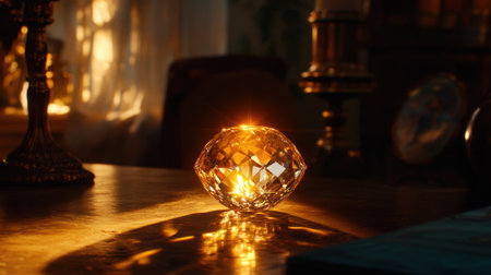 A dazzling crystal piece reflects warm light on a wooden table, creating intricate patterns and soft shadows in a cozy vintage interior setting.の素材