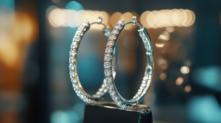 Stunning diamond hoop earrings elegantly displayed against a softly blurred background in a luxurious jewelry store, showcasing exquisite craftsmanship and stylish design.の素材