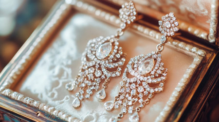 Beautiful chandelier earrings featuring intricate designs and sparkling gemstones, packaged in an exquisite vintage box, ideal for special events and luxury showcases.の素材