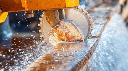 A close view of a water-cooled cutting tool actively cutting through stone, showcasing splashes of water and reflections from sunlight in an industrial setting.の素材