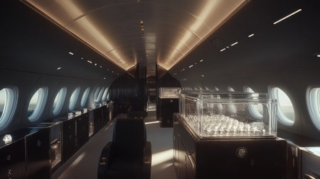 Experience the epitome of luxury in this private jet interior, featuring a spacious lounge, modern amenities, and beautiful design that offers unparalleled comfort and style.の素材