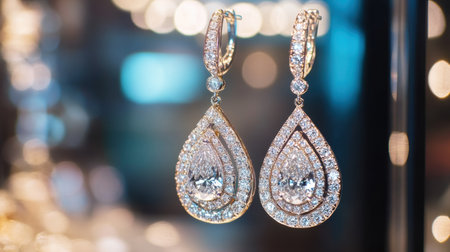 Close-up of stunning teardrop earrings featuring radiant diamonds that capture light beautifully. Perfect for showcasing elegance and luxury in any jewelry display.の素材