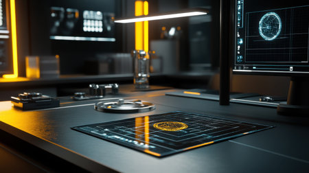 Explore a sleek and modern workspace featuring high-tech displays, advanced digital interfaces, and stylish design elements ideal for innovation and creativity.の素材