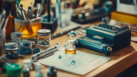 Explore a cozy vintage office desk that showcases an array of stationery, glass jars, and tools, all beautifully arranged under warm lighting for a creative atmosphere.の素材