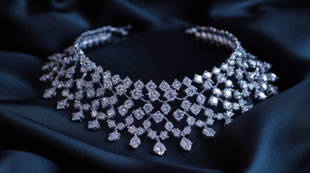 This stunning silver necklace features an intricate arrangement of sparkling diamonds, elegantly displayed on a luxurious black fabric background, highlighting its glamour.の素材
