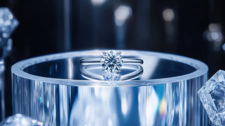 A stunning diamond ring showcased on a crystal pedestal, surrounded by gleaming reflections that enhance the beauty and elegance of high-end jewelry display.の素材