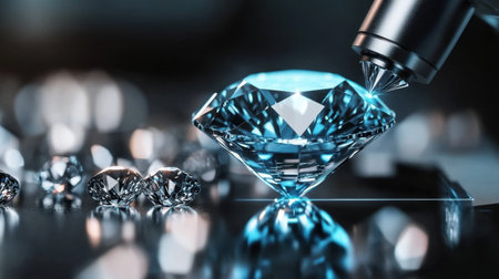 A stunning close-up image of a beautifully cut diamond resting on a sleek metallic surface, showcasing sparkling reflections and exquisite clarity in a luxurious setting.の素材