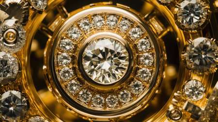 Explore the intricate beauty of a captivating diamond at its center, surrounded by shimmering gemstones, evoking themes of luxury and elegance in jewelry design.の素材