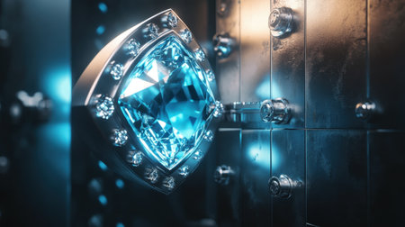 A stunning blue gemstone shines brilliantly from a secure deposit box. The luxurious setting features reflecting surfaces and vibrant lighting, representing wealth and elegance.の素材