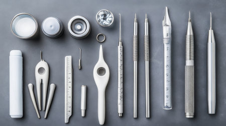 A collection of artistic tools meticulously arranged on a gray surface, featuring various instruments for creativity and crafting, ideal for artists and designers.の素材