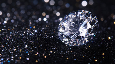 Captivating diamond positioned against a black backdrop, surrounded by shimmering glitter and soft bokeh, perfect for themes of luxury, elegance, and fine jewelry.の素材