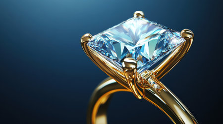 This image showcases an exquisite gold ring adorned with a captivating square diamond, radiating luxury and elegance against a smooth, dark backdrop.の素材