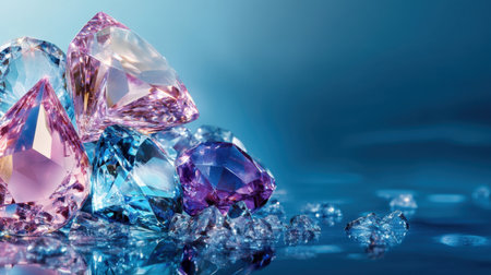 A captivating array of multicolored gems and crystals placed on a serene blue backdrop. The gems sparkle brilliantly as they reflect light, evoking luxury and elegance.の素材