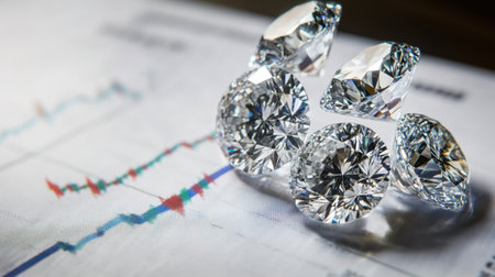 Stunning diamonds reflect light beautifully, symbolizing luxury and investment potential, resting atop a detailed financial graph showcasing wealth creation trends.の素材