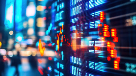 Dynamic visualization of stock market data with bright graphs and charts set against a blurred urban nightscape, showcasing financial trends and technology advancements.の素材
