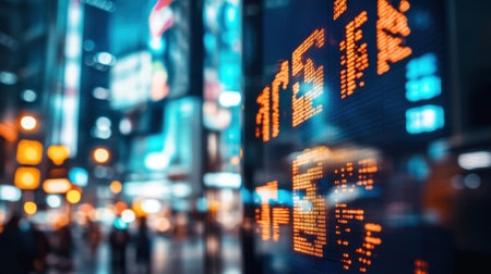 A captivating urban scene featuring a neon light reflection on a digital display that shows stock market data. The blurred background evokes energy and movement.の素材