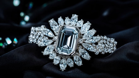 Capture the essence of luxury with this exquisite vintage-inspired jewelry piece featuring a stunning central gem and sparkling accents, perfect for any formal occasion.の素材