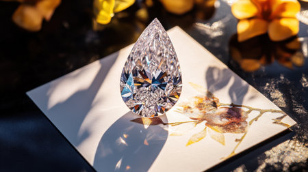 A stunning crystal teardrop rests gracefully on a floral card, complemented by soft yellow flowers and gentle shadows, creating an alluring and elegant aesthetic.の素材