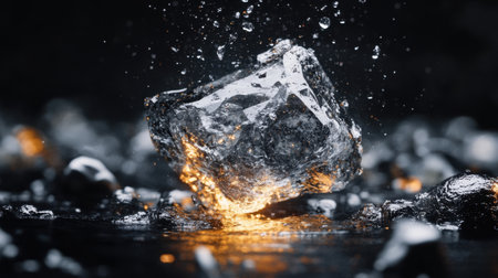 A dramatic close-up image of a clear ice cube splashing into dark water, creating beautiful drops and reflections, capturing the essence of movement and freshness.の素材